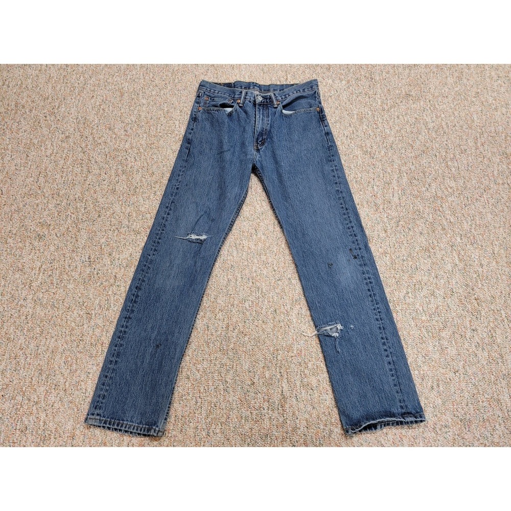 Levis 505 Regular Fit Jeans Men 34x32 Blue Distress Thrashed Straight Leg Denim